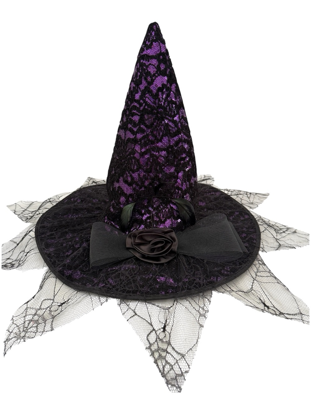 Purple and Black Lace Witch Hat with Decorative Bow